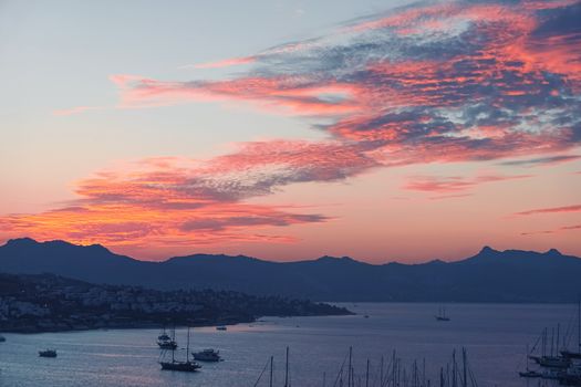 Beautiful sea view and mountains in the Mediterranean at sunset, summer vacation travel and holiday destination