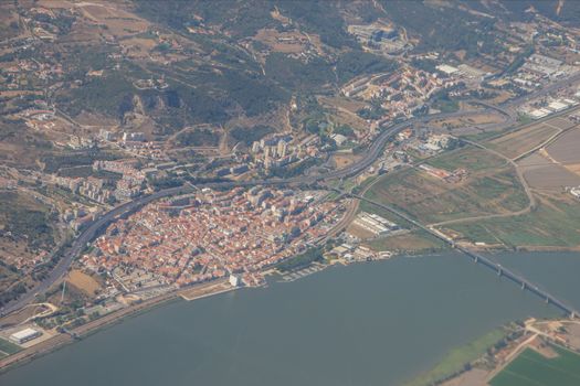 flight over the city of Lisbon by plane. Portugal in summer