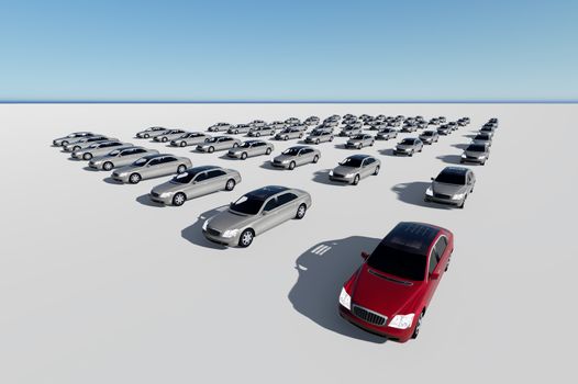 3d illustration of hundreds  cars, one red made in 3d software
