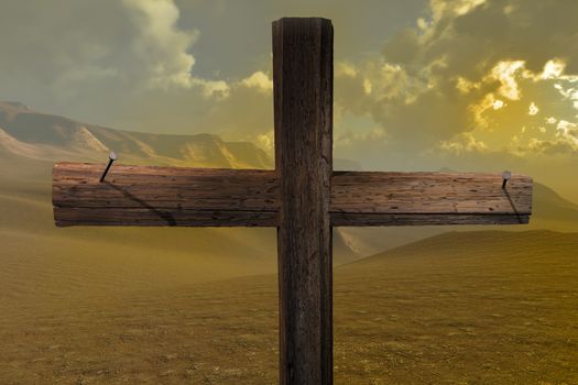 3d rendering - Wooden cross against the sky
