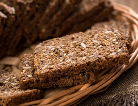 closeup of breads in a wicker tray with a napkin