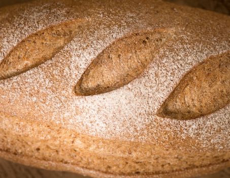 closeup of golden and loaf of fresh bread