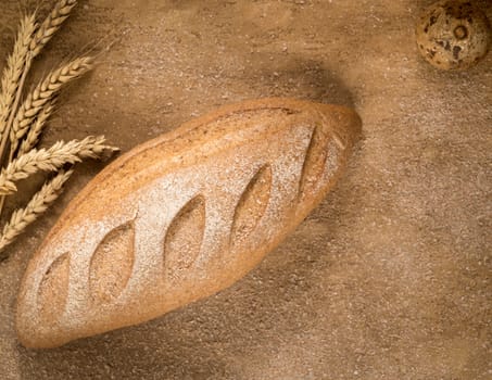 a loaf of bread with an ear of wheat and crumbs on the plastered surface, top view