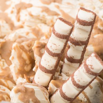 close-up of appetizing ice cream with candy, macro photography