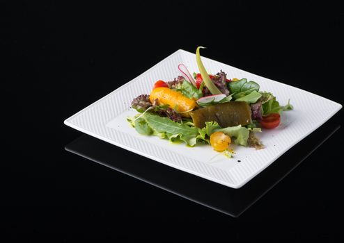 vegetable salad in a square plate on a black background, isolated