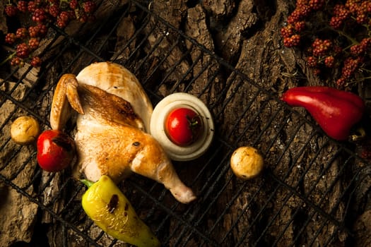 chicken grilled with vegetables and berries on a bark background of a tree