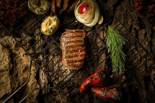 a piece of roasted meat with vegetables on the grill on a background of tree bark