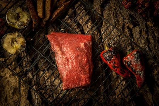 piece of raw meat with vegetables on the grill on a background of tree bark