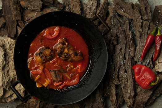 meat dish in a frying pan against the background of the bark of a tree