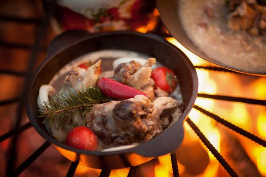 cook a meat dish with spruce branches at the stake