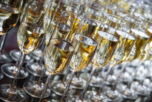 a lot of glasses with champagne stand in a row. glasses with champagne closeup