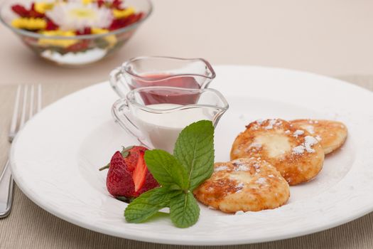 breakfast served with toast with strawberries and milk