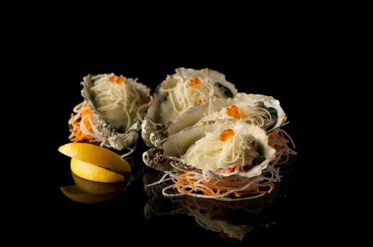 seafood and mussels in a shell with melted cheese and lemon slices on a black background with reflection. mussels in a shell with salad on a dark background