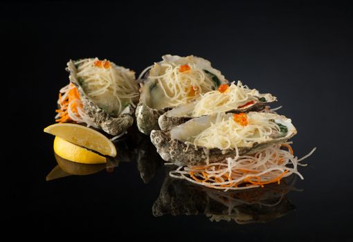 seafood and mussels in a shell with melted cheese and lemon slices on a black background with reflection. mussels in a shell with salad on a dark background