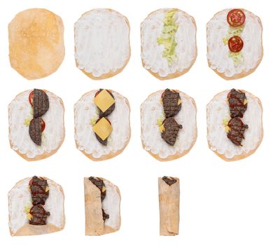the stages and the process of preparing a sandwich of lavash on a white background. copy and cut