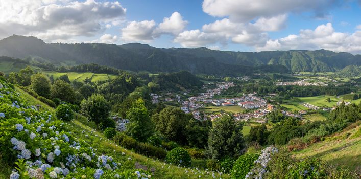 Walk on the Azores archipelago. Discovery of the island of Sao Miguel, Azores. Portugal. Furnas