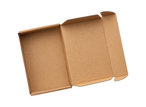 open rectangular small brown box for transporting goods isolated on a white background, top view