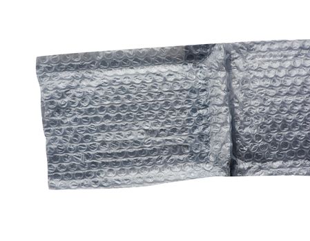fragment of a transparent film with air for the transportation of parcels is glued on gray polyethylene and isolated on a white background, inside of the envelope