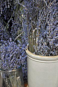 Bunches of fragrant dried lavender flowers on display