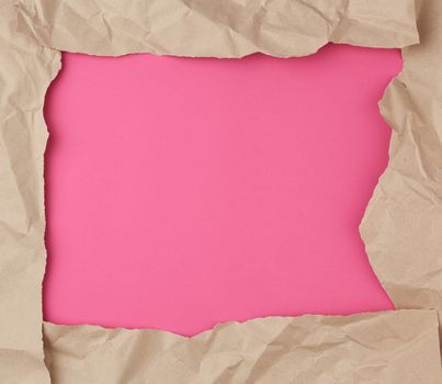 Retro brown paper torn, great design for any purposes. Abstract texture. Pink banner, copy space.