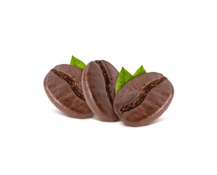 Roasted coffee beans with coffee leaves studio shot isolated on white background long banner, Healthy products by organic natural ingredients concept