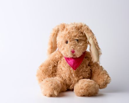 toy brown plush hare sitting on a white background, top view