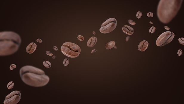 Flying whirl roasted coffee beans in the air studio shot on brown background long banner with copyspace, Healthy products by organic natural ingredients concept