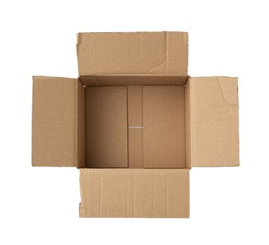 open empty square brown cardboard box for transportation and packaging of goods isolated on white background, top view. Template with square brown cardboard box