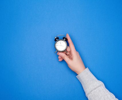 hand with a gray sweater holds a round black alarm clock, time is fifteen to twelve, blue background