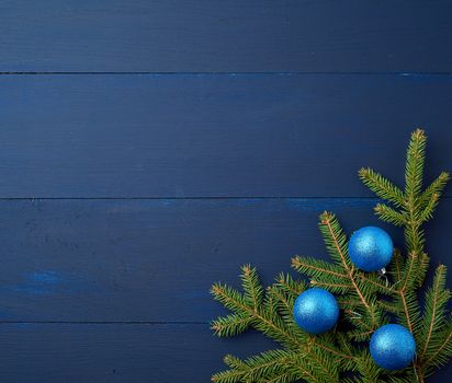 green spruce branches and dark blue shiny Christmas balls on a blue wooden background from boards, festive backdrop for Christmas and New Year, place for an inscription