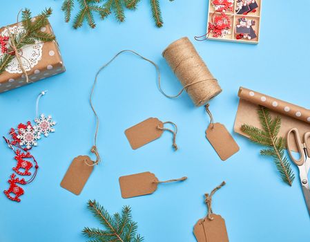 set of various items for packing a holiday gift. Package design. Festive concept. Vintage festive label.