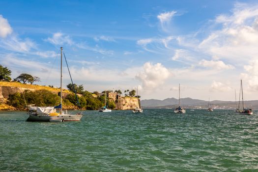 Yachts anchored in Fort De France harbor with fortress in the background, Fort-De-France, Martinique,  French overseas department