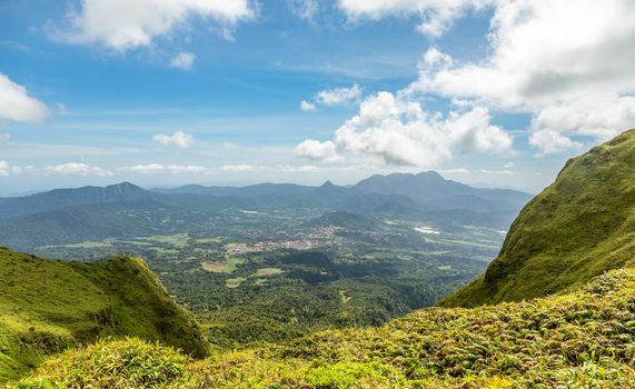 Mount Pelee green volcano hillside panorama, Martinique,  French overseas department