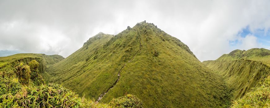 Mount Pelee green volcano hillside panorama, Martinique,  French overseas department