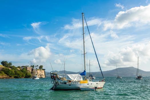 Yachts anchored in Fort De France harbor with fortress in the background, Fort-De-France, Martinique,  French overseas department