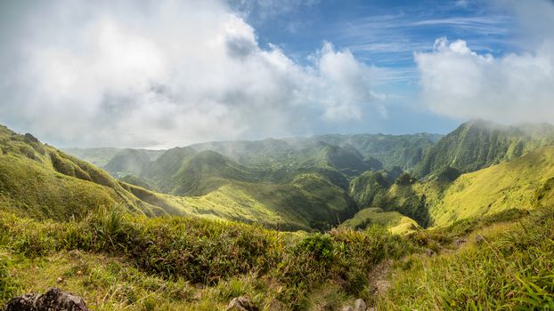 Mount Pelee green volcano hillside panorama, Martinique,  French overseas department