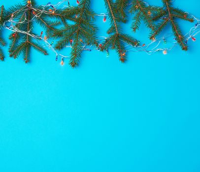 burning multi-colored light bulbs on a garland with a white cable and green twigs of needles, blue background, copy space