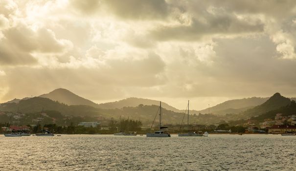 Sunrise view of Rodney bay with yachts anchored in the lagoon, Saint Lucia, Caribbean sea