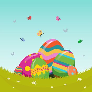 Digitally generated Easter vector with eggs in meadow