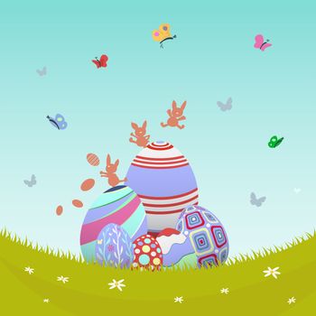 Digitally generated Easter vector with eggs in meadow