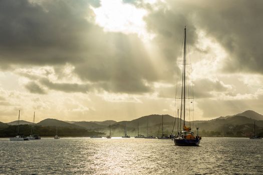 Sunset view of Rodney bay with yachts anchored in the lagoon, Saint Lucia, Caribbean sea