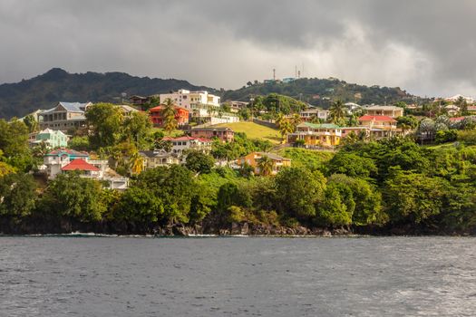 Coastline view with lots of villas on the hill, Kingstown, Saint Vincent and the Grenadines