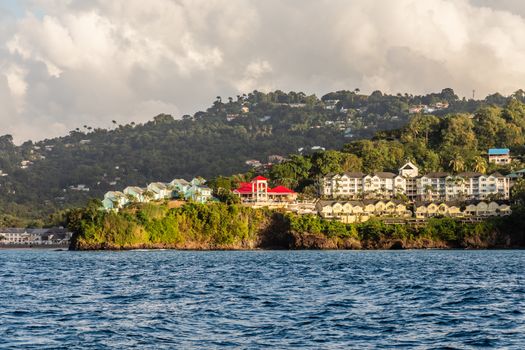 Coastline view with  villas and resorts on the hill, Castries, Saint Lucia