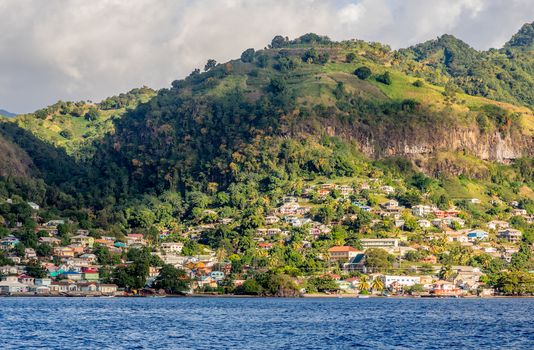 Barrouallie town costline mountain view from the sea, Saint Vincent and the Grenadines