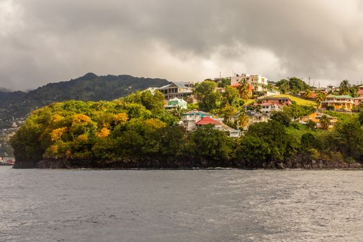 Coastline view with lots of living houses on the hill, Kingstown, Saint Vincent and the Grenadines