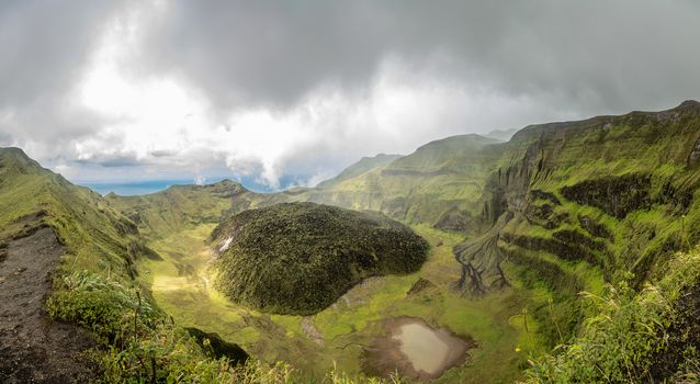 La Soufriere volcano crater panorama with tuff cone hidden in green, Saint Vincent and the Grenadines