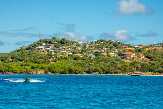 Residential houses at the bay, Mayreau island panorama, Saint Vincent and the Grenadines