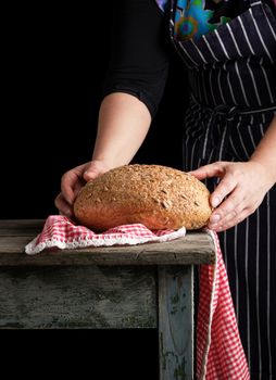 woman in a blue striped apron holds in her hands baked round rye bread and with sunflower seeds, wooden table