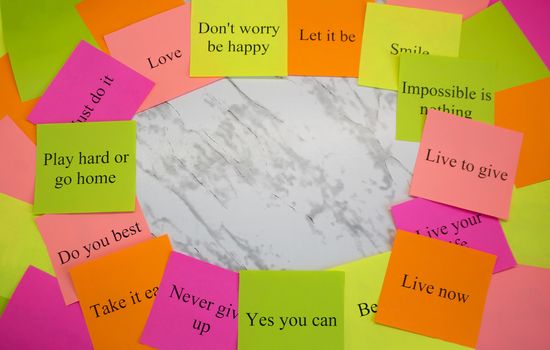 Vision board. Motivational words on colorful stickers on a marble table. Business plan, strategy, concept, future. Copy space, creativity, project, art. 