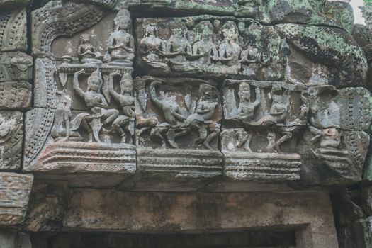 Beautiful close up of empty Angkor Wat temple complex. Ruins Angkor Temples Ta Prohm. Siem Reap, Cambodia 